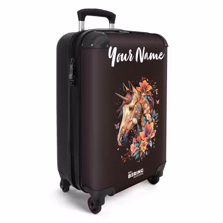 Suitcase with name - Unicorn and Flowers on Black Background — 2