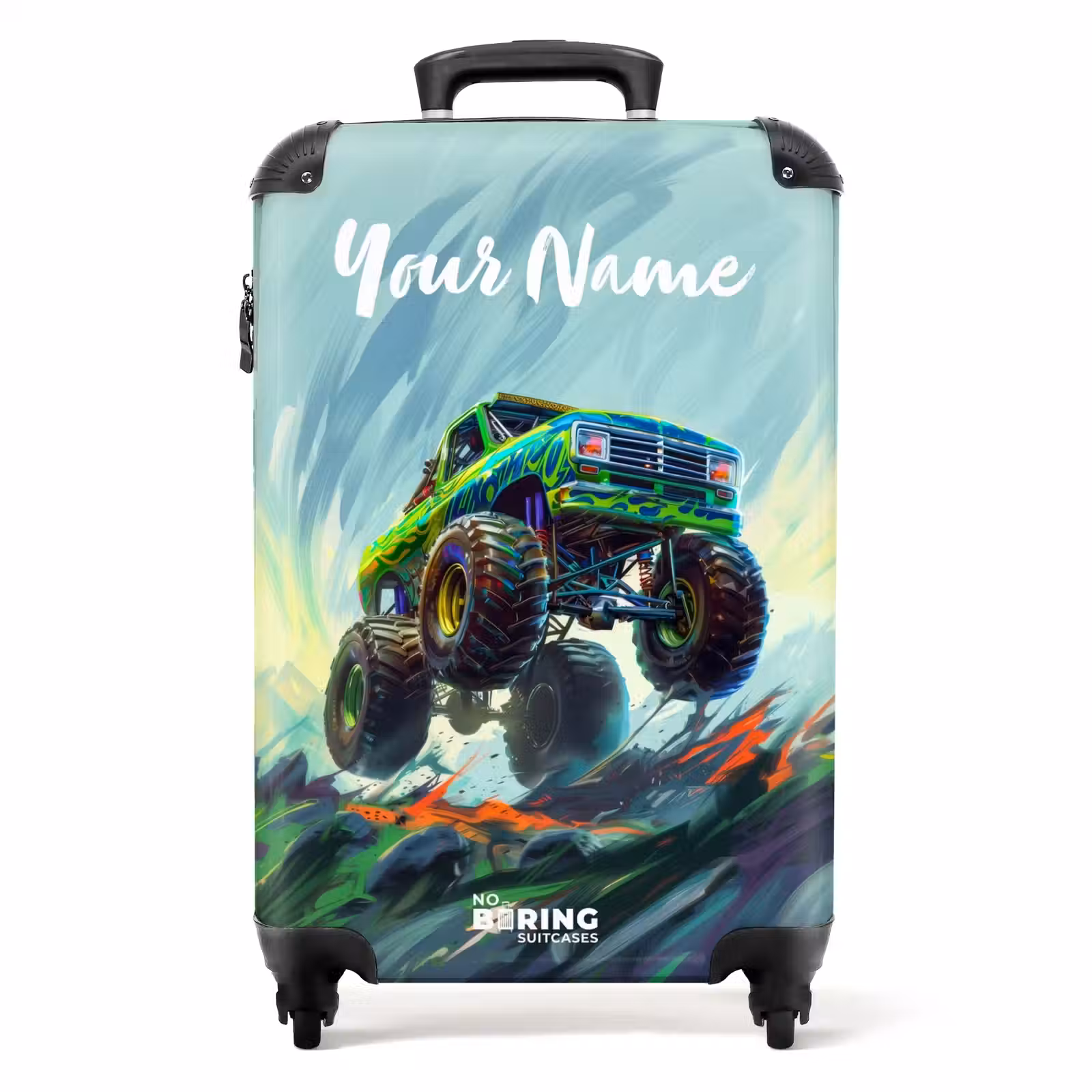 Suitcase with name - Green Monster Truck with Brushstrokes — 1