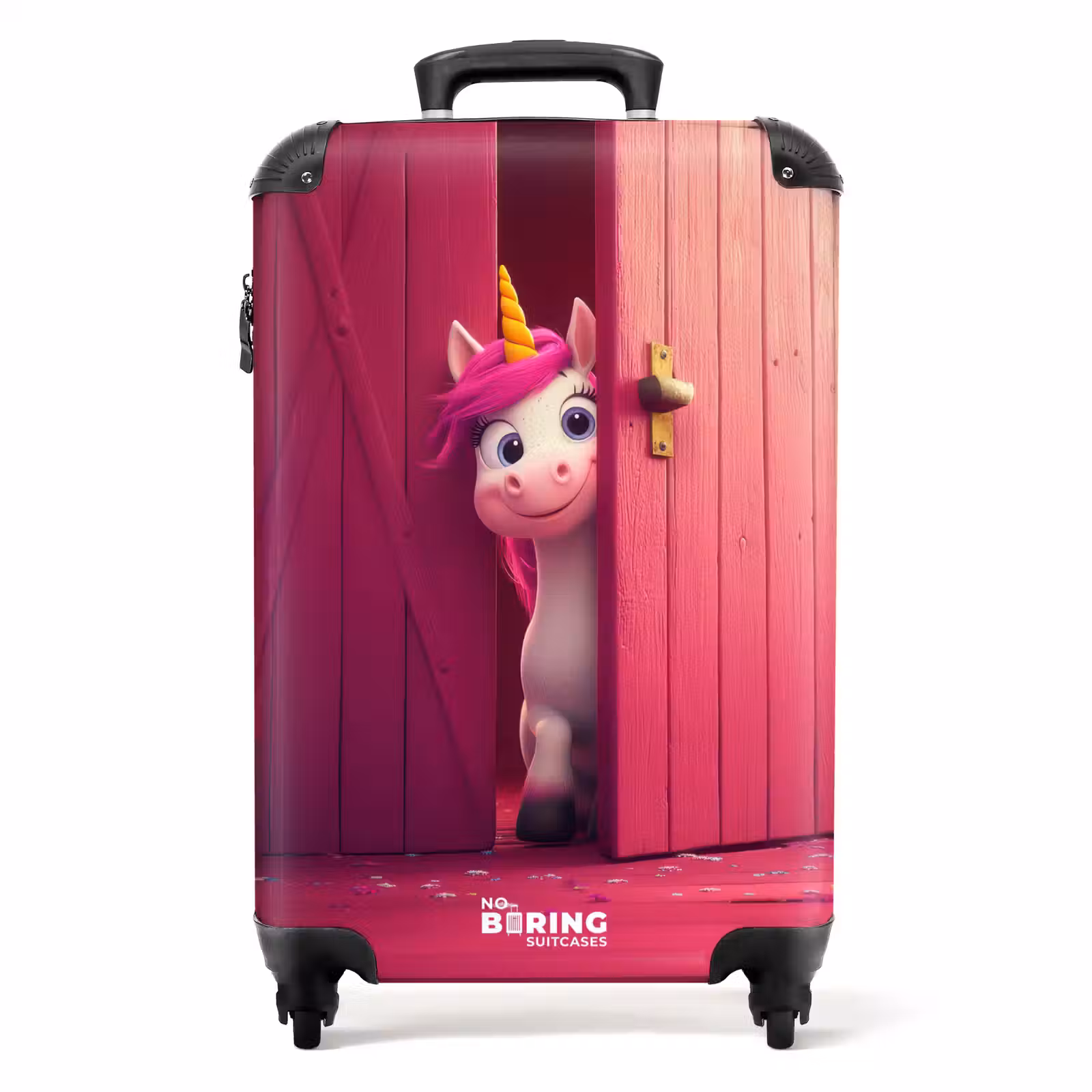 Suitcase - Unicorn with pink mane behind pink door — 1