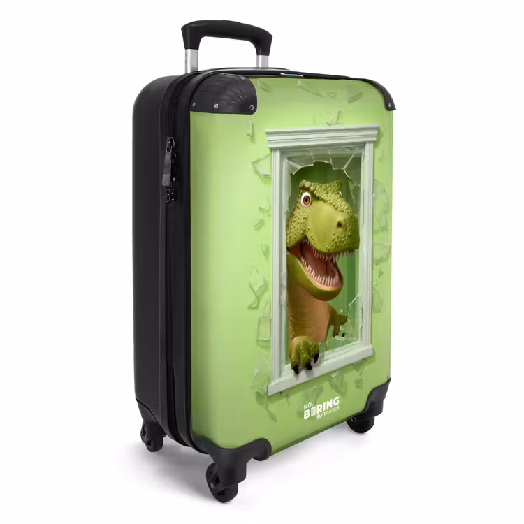 Suitcase - T-rex breaks through green glass window — 2