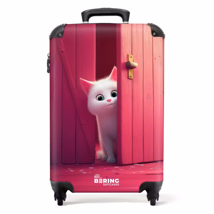 Suitcase - White cat peeks through pink door — 1