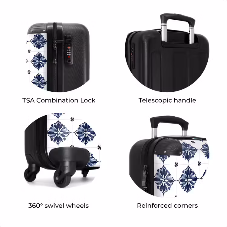 Suitcase - Tile pattern - Blue - White - Flower — 8