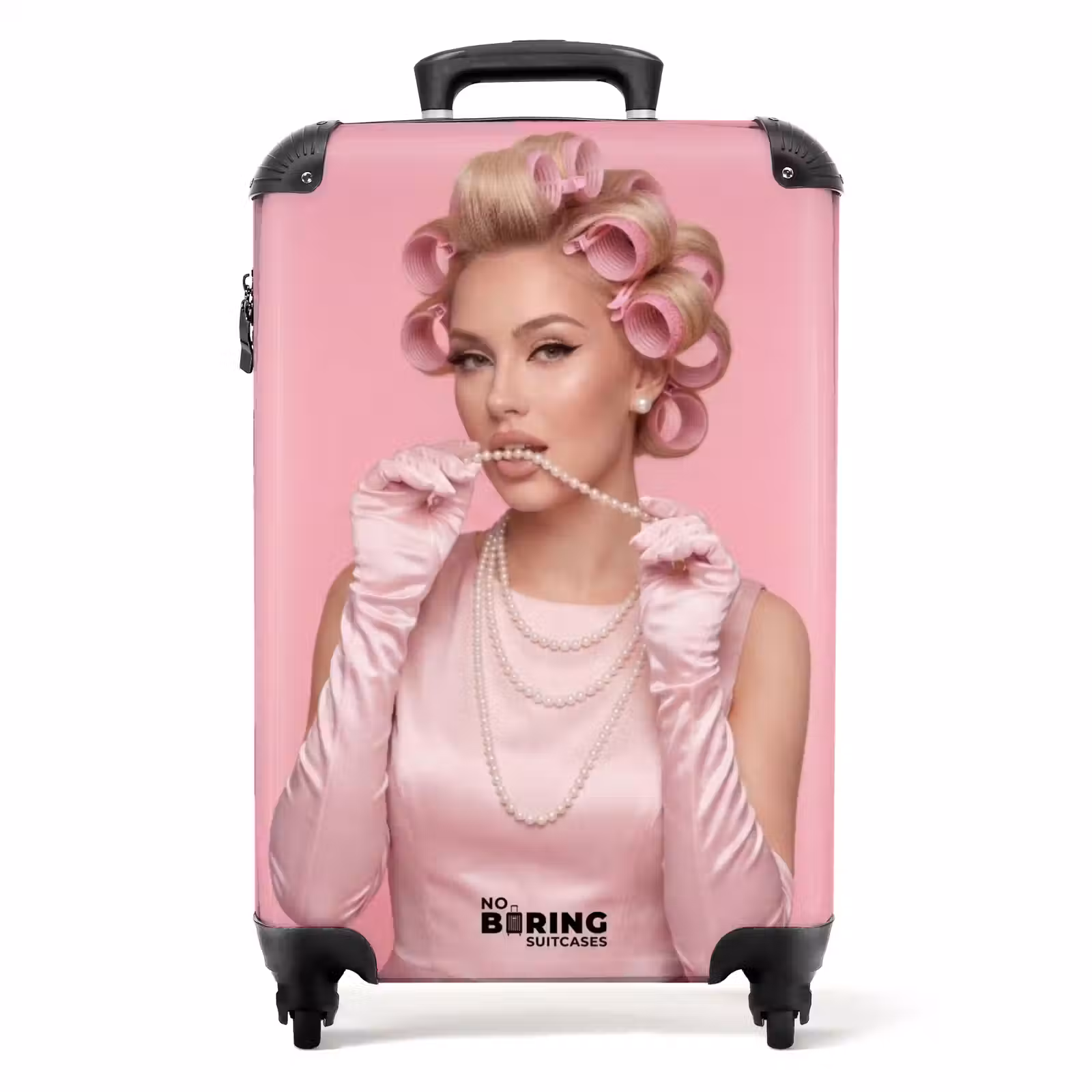 Suitcase - Woman - Pink - Pearl necklace - Curlers — 1