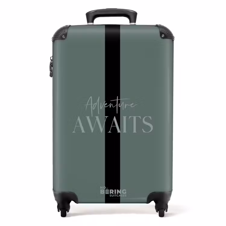 Suitcase - Green background with text Adventure Awaits — 1