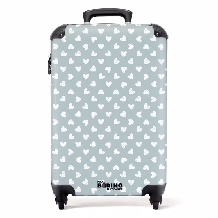 Suitcase - Gray-green background with white hearts — 1