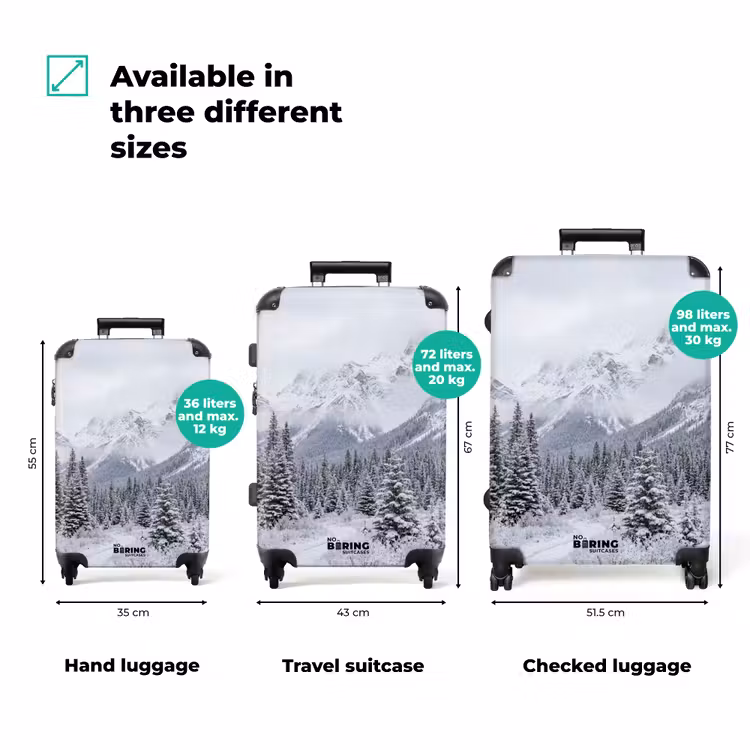 Suitcase - Road - Mountains - Snow - Coniferous Forest - Adventurous — 3