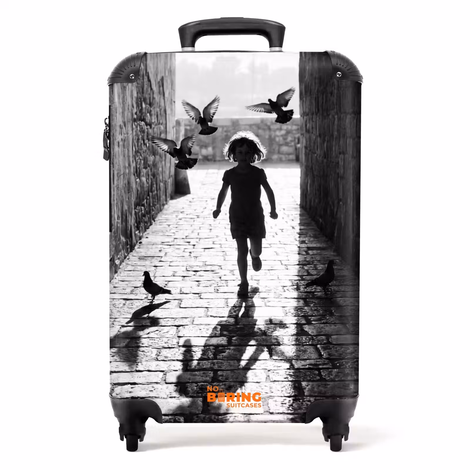 Suitcase - Child - Bird - Street - Black-and-white - Playing — 1