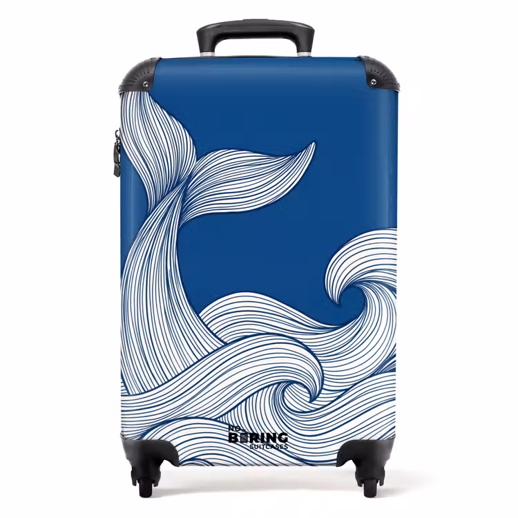 Suitcase - Whale - Tail - Waves - Line Drawing - Blue — 1